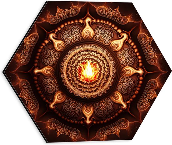 Dibond Hexagon - Mandala - Vuur - Oranje - Rond - 30x26.1 cm Foto op Hexagon (Met Ophangsysteem)