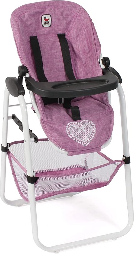 Roze poppenstoel met hartmotief, veiligheidstuigje en mandje.