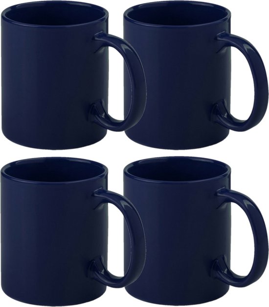 Bellatio Design Koffie mokken/bekers - 10x - keramiek - glans - met oor - donkerblauw - 370 ml