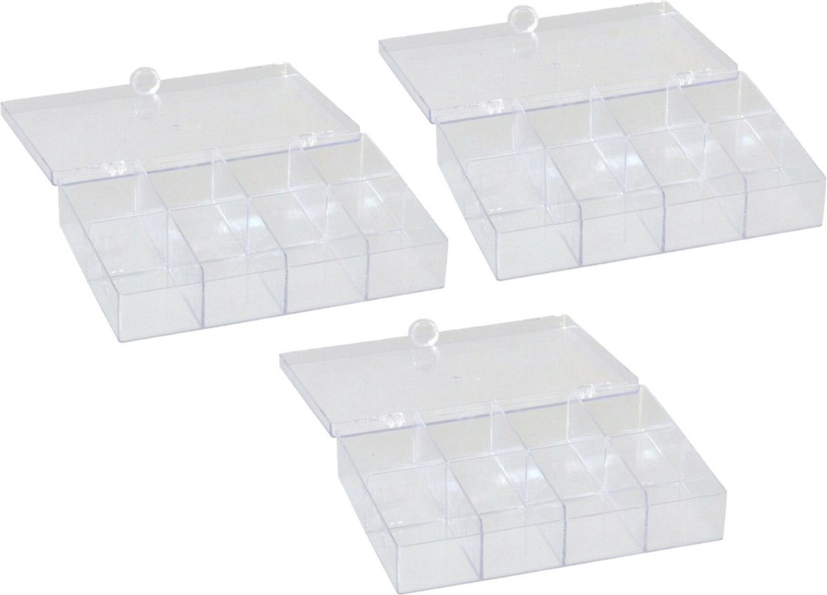 Gerimport opbergkoffertje/opbergdoos/sorteerbox - 3x - 8-vaks - kunststof - transparant - 15 x 10 x 3 cm