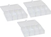 Gerimport opbergkoffertje/opbergdoos/sorteerbox - 3x - 8-vaks - kunststof - transparant - 15 x 10 x 3 cm