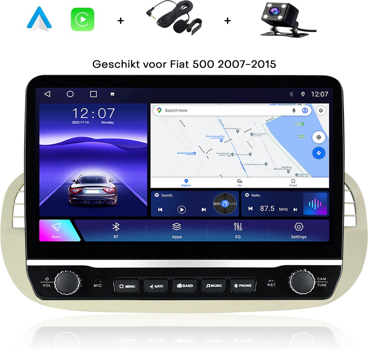Boscer® Autoradio - Geschikt voor Fiat 500 2007-2015 - Android 12 - Apple Carplay & Android Auto (Draadloos) - 9 Inch HD Navigatiesysteem - Wit/Beige - Achteruitrijcamera & Microfoon