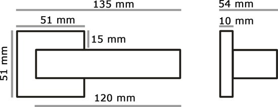 Technische tekening van een deurklink met rozet, inclusief afmetingen.