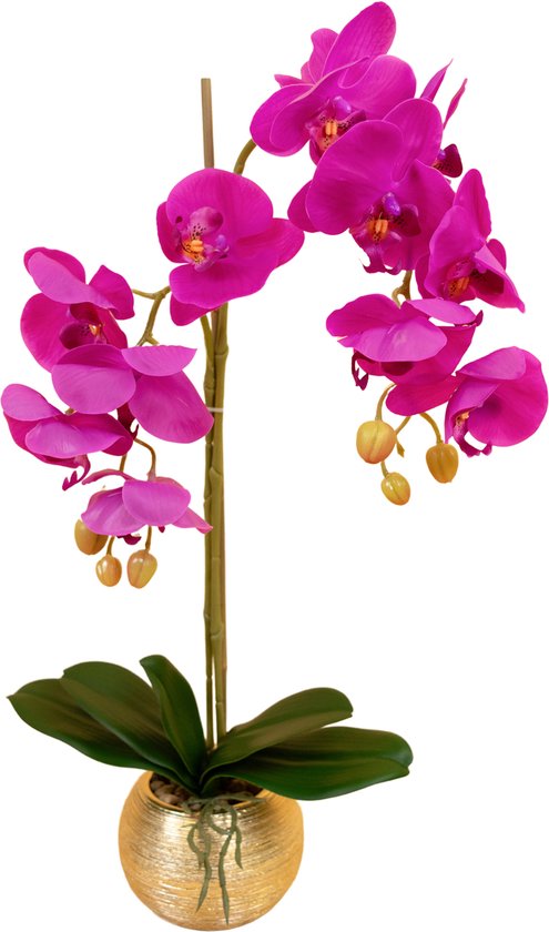 Greenmoods Kunstplanten - Kunstplant - Orchidee - Roze - Zijde - 56 cm - In gouden pot