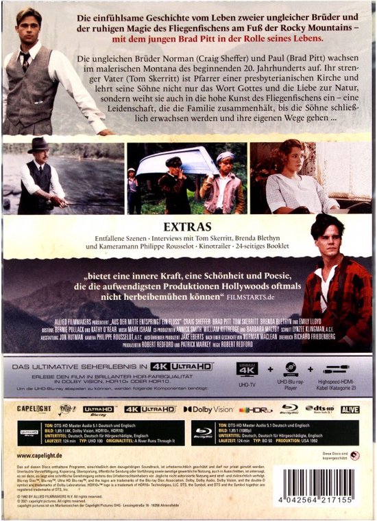 Achterkant van de 4K UHD Blu-ray "A River Runs Through It". Met scènes uit de film en filminformatie.