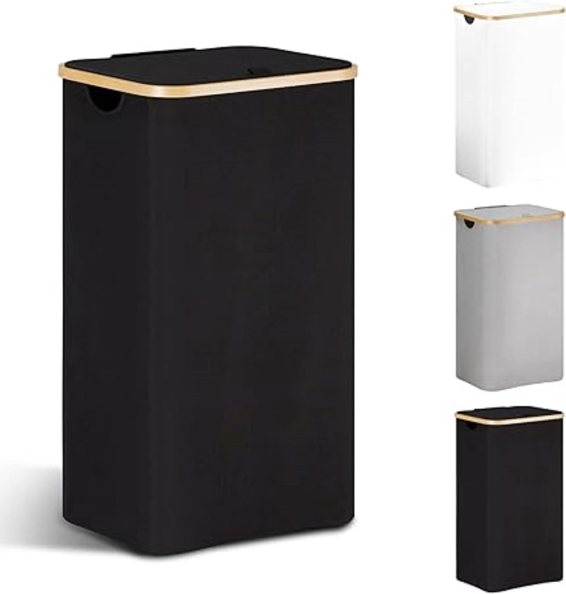 Goedkoopste wasmand met deksel-85 liter- wasverzamelaar-smal met waszak- opvouwbare wasmand hout-bamboe-zwart