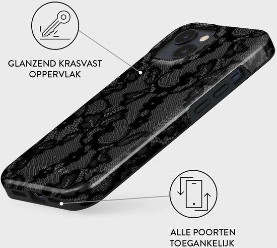 Zwarte Burga telefoonhoes met glanzend krasvast oppervlak en kanten patroon. Alle poorten toegankelijk.