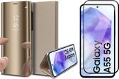 Hoesje geschikt voor Samsung Galaxy A55 - Screenprotector Volledig Dekkend Glas - Spiegel Book Case Goud