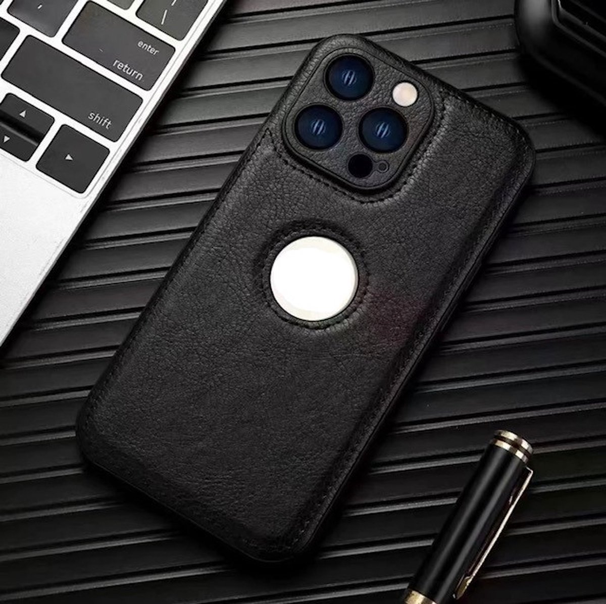 iPone 14 pro max luxe zakelijk leer hoesje met camera bescherming zwart
