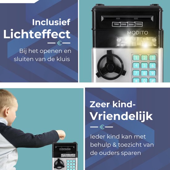 Kluizen Kluis Elektronische spaarpot voor kinderen - Digitale doos met wachtwoord en UV-licht - Elektrische spaarpot voor munten en biljetten - Mini ATM automatische spaarautomaat