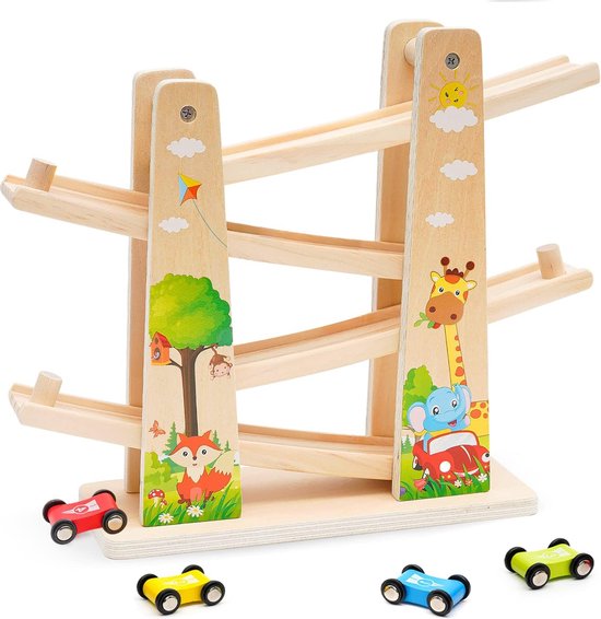 Houten speelgoed - Houten racebaan - Zwaartekrachtbaan Racen - 4 mini auto's - Montessori Speelgoed - Speelgoed voor kinderen vanaf 2 jaar - Feestdagen cadeau - Verjaardagscadeaus - Merkloos