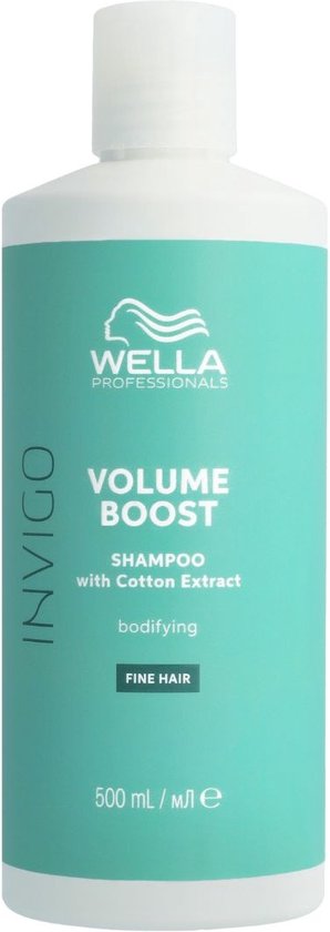 Bouteille blanche avec étiquette turquoise : Wella Professionals Invigo Volume Boost Shampooing, 500 ml.
