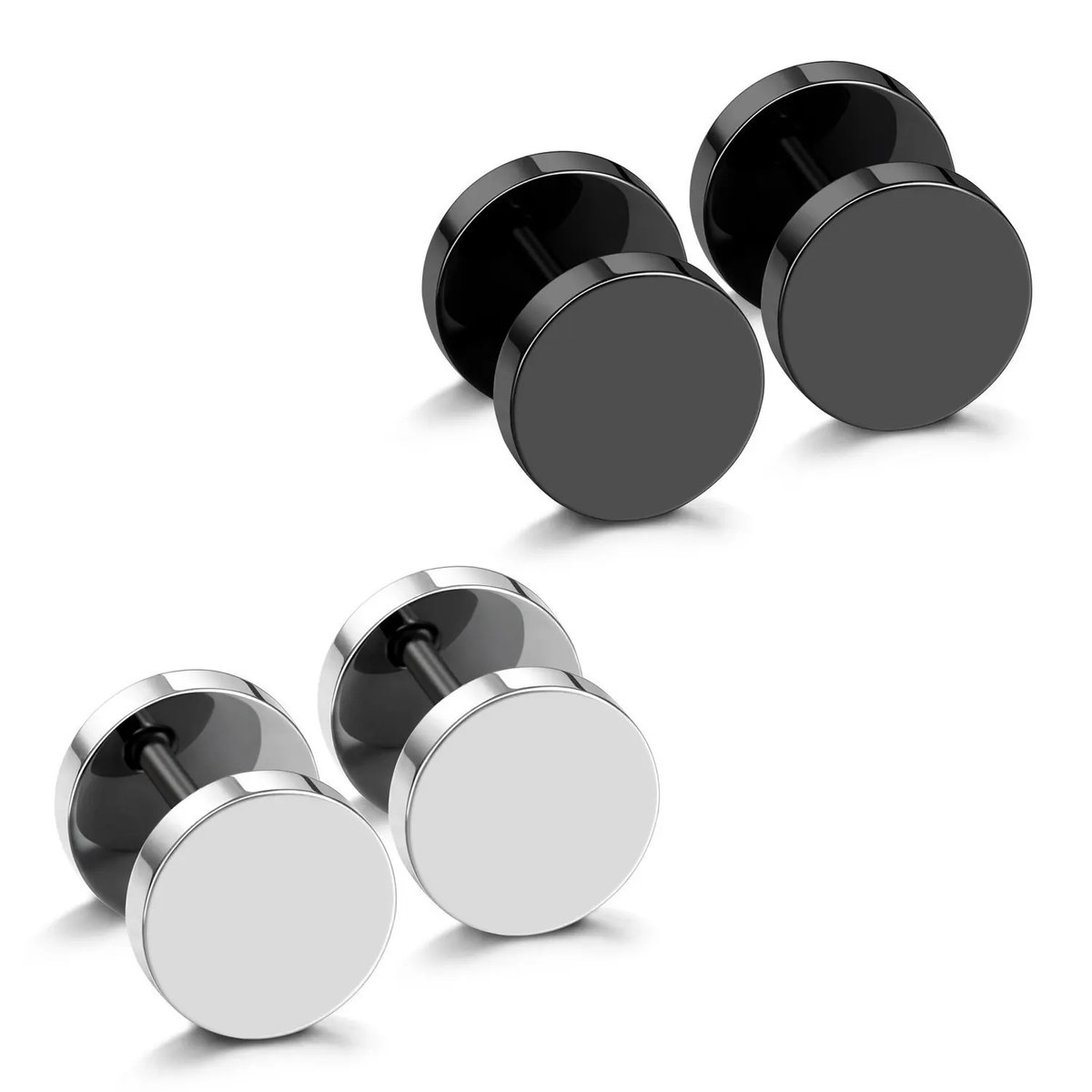 Set zwarte en zilveren studs mannen Oorbellen – Ø 10 mm - 2 paar