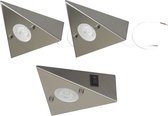 Trango Set van 3 keuken-onderkastarmaturen 6739-32 *COOK* incl. 3x 4,8 Watt LED-module 3000K warmwitte inbouwarmatuur - inbouwspot van roestvrij staal - schakelaar - driehoekige lamp - kastverlichting - keukenlamp