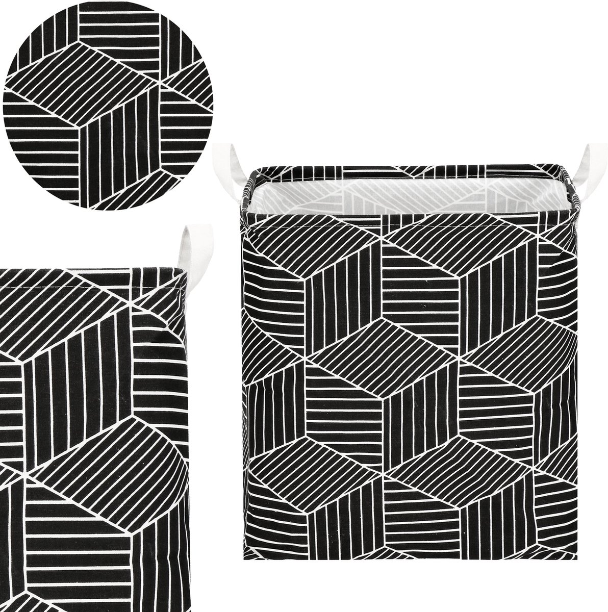 Springos Opbergmand - Speelgoedmand - Kledingmand - Organizer - Handvatten - Zwart - Wit