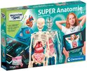 Doos van Clementoni Super Anatomie, met skelet, organen en een meisje met tablet.