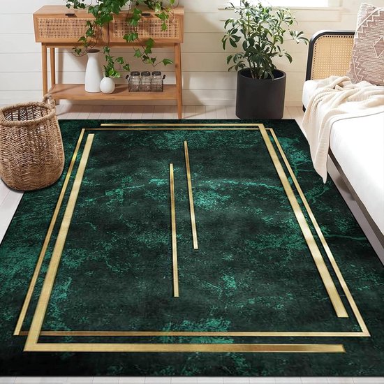 Tapis de Salon - 120x160cm - Flanelle Lisse - Doux - Antidérapant - Lavable en Machine - Tapis Lisse Poils Ras - Tapis Design Chiné Moderne Vert - Chambre d'Enfant - Chambre