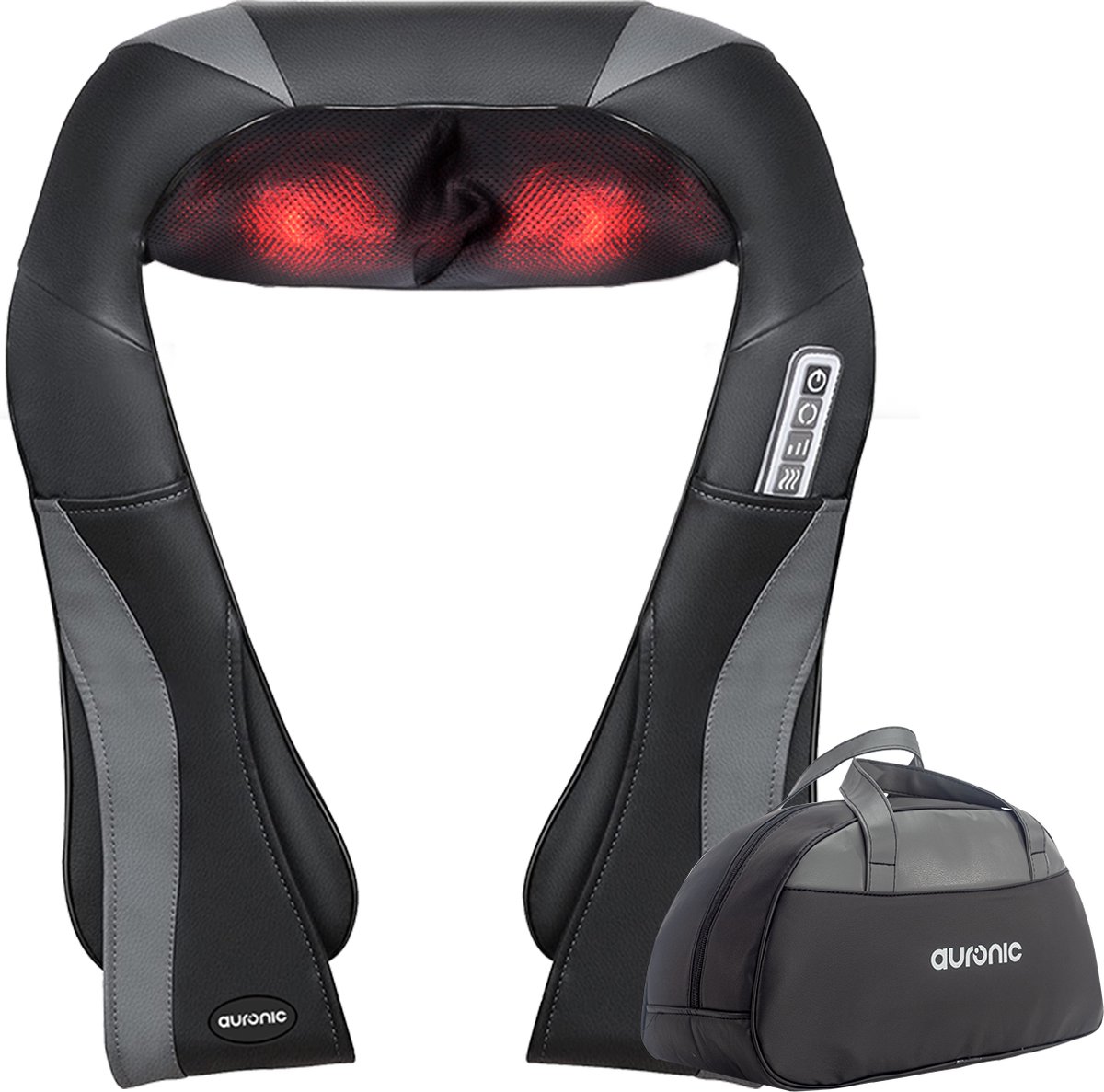 Auronic Shiatsu Massagekussen - Elektrisch Nekmassage Apparaat - Massage Apparaten - Nek en Schouder - Infrarood - Inclusief Draagtas - Zwart/Grijs