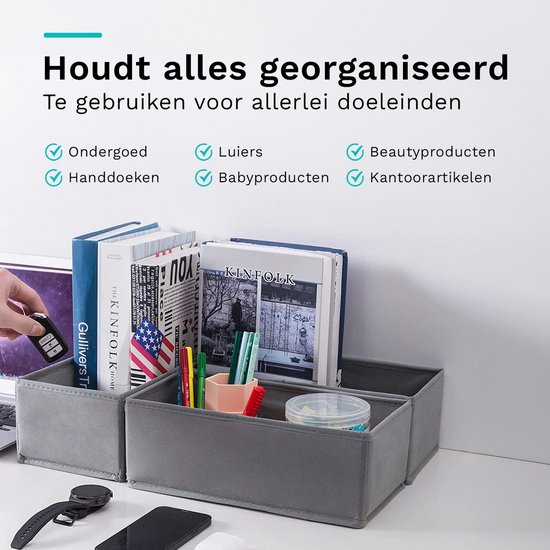 Boîtes de rangement grises remplies de sous-vêtements, serviettes, couches, produits pour bébé, produits de beauté et articles de bureau.