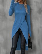 Sexy elegante fijn zittende blouse trui shirt met lange mouwen met split aan voorkant en lange achterkant blauw maat L
