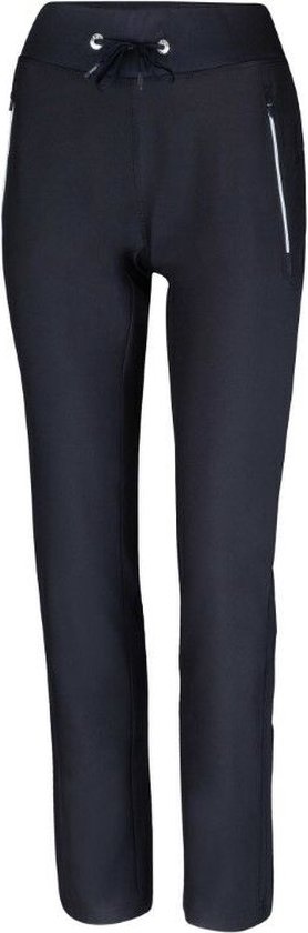 Zwarte trainingsbroek voor dames met trekkoord en zilverkleurige ritssluitingen op de zakken.