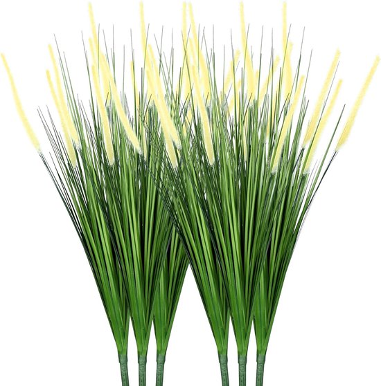 Kunstmatige hoge grasplant met rietbloemen 6 stuks 80 cm / 32 "kunstmatig pampasgras uiengras groene vloerplanten deurdecoratie voor woonkamer badkamer tuin (geel)