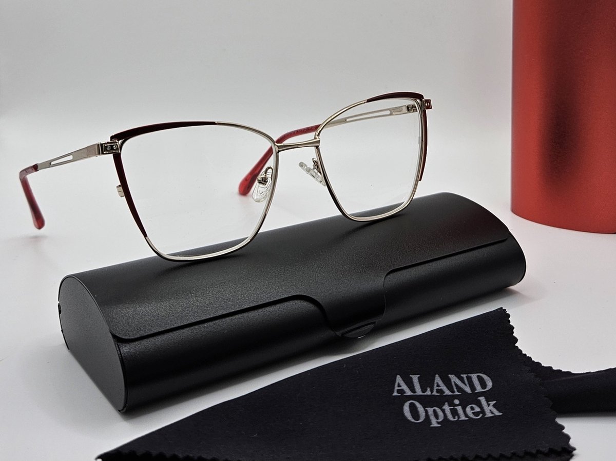 Elegante damesleesbril +1,0 / metalen montuur met toegevoegde strass steentjes, kleur rood en zilver, lunettes de lecture / cat - eye bril +1.0 met brillenkoker en doekje / Aland optiek / leesbrillen dames / VV5123