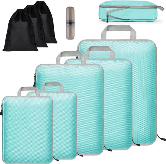 Koffer-organizerset, 9 stuks, Packing Cubes, waterdichte reis-kledingtassen, verpakkingskubus, uitbreidbare paktassen, bagage-organizer voor reizen of thuis blauw