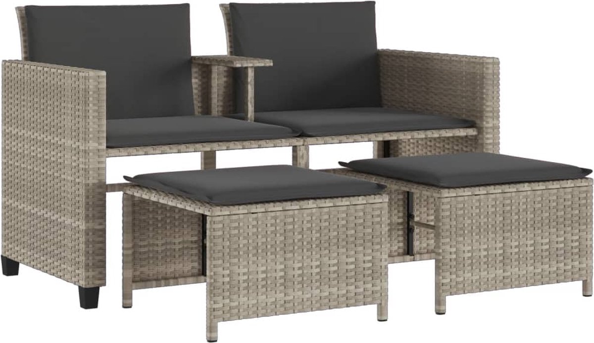 vidaXL - Tuinbank - 2-zits - tafel - en - voetenbanken - poly - rattan - lichtgrijs