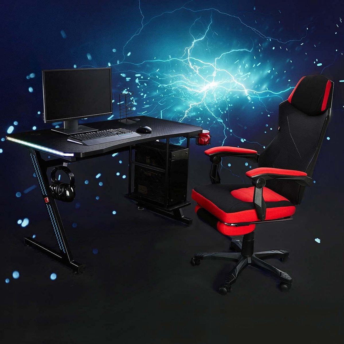 MY SIT Gaming Desk Desk Gizmo with Color Change LED Lights - Headphone Holder PC Holder and Cup Holder - Cable Management - Writing Table Computer Desk PC Laptop Table in Black