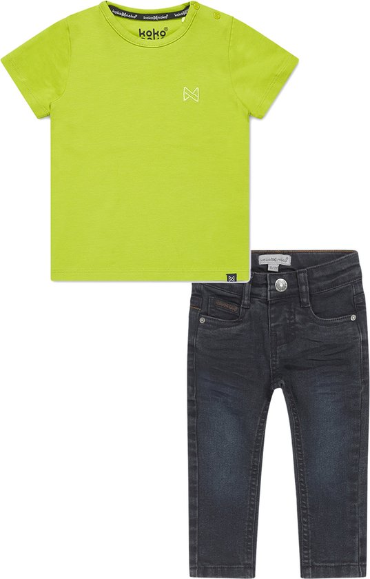 Koko Noko - Kledingset - Dark Blue Jeans - Shirt Nigel Neon Yellow - Maat 74/80