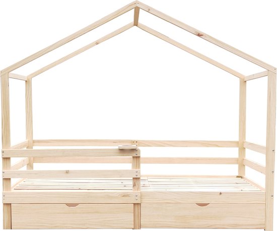 Kinderbed - Met dak en lattenbodem - Uitvalbeveiliging - 2 Lades - 90 x 200 - Naturel - Eenvoudige montage - Duurzaam