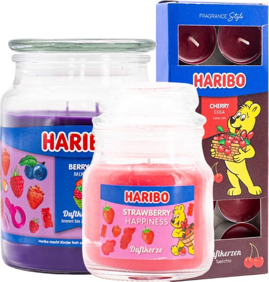 Haribo kaarsen set 3 - 1x groot Berry 1x klein aardbei 1x theelicht cola