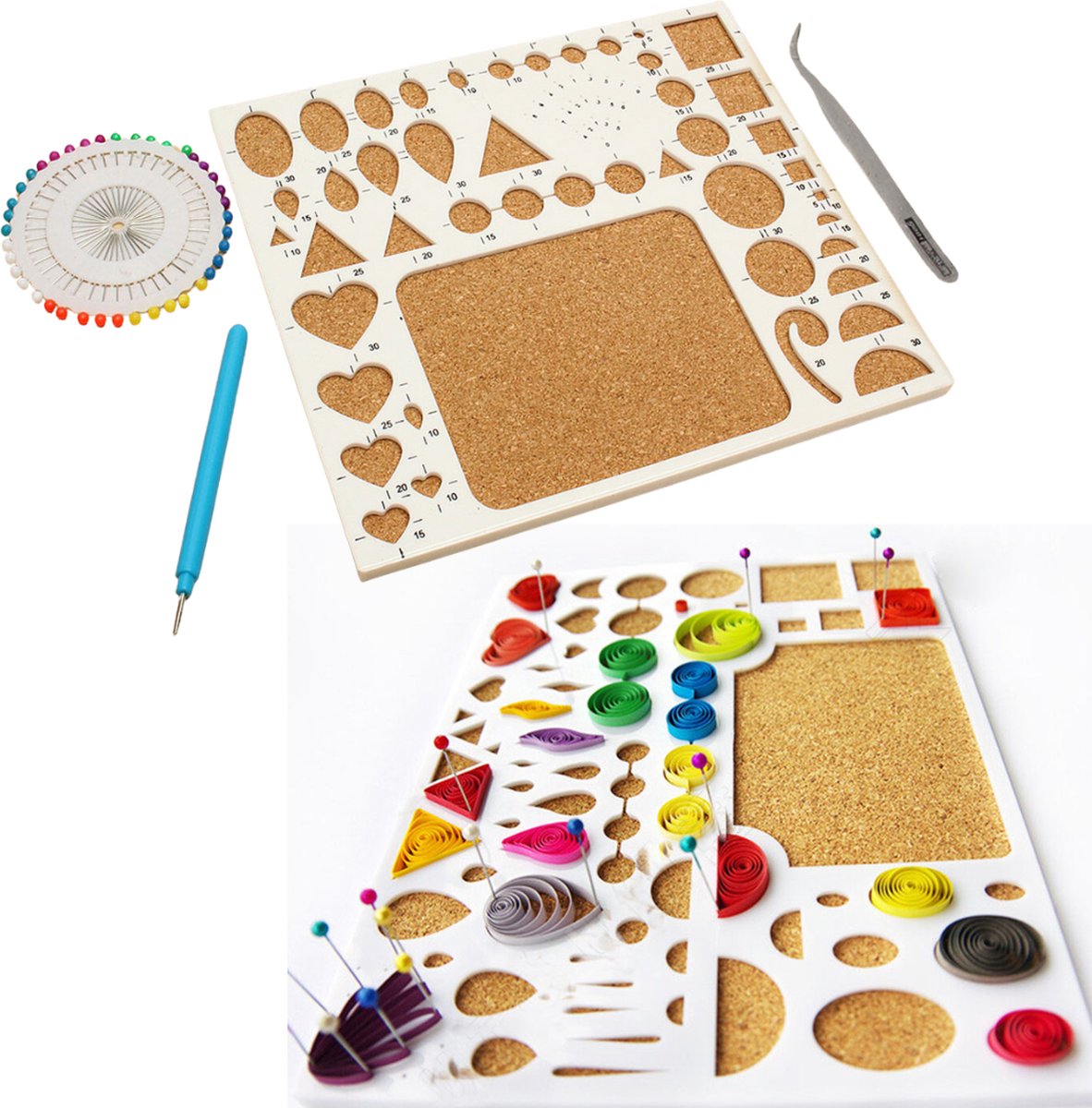Quilling Set voor beginners in opbergbox - Filigraan papier, Bord met kurk + Spelden + Rolpen + Pincet - Gereedsschap voor filigraan papierkunst — afbeelding 4