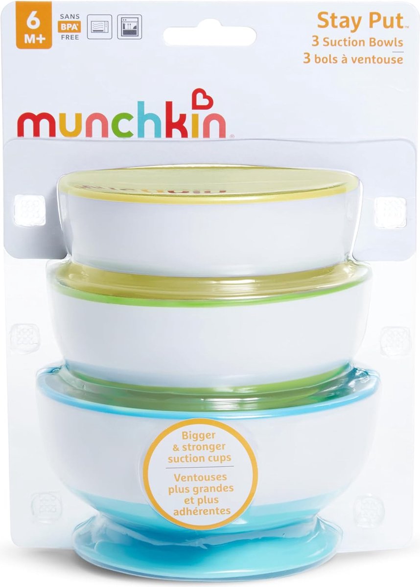 Munchkin Kommetjes met Zuignap - Suction Bowls - Per 3 Stuks - Vaatwasser en Magnetronbestendig - Vanaf 6 Maanden - Geel/Groen/Blauw – foto 4
