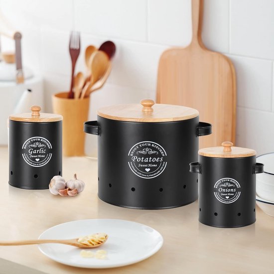 Otauoaea Aardappelrek voor Uien en Knoflook - Set Met 3 Containers, Houder Met Deksel en Ventilatiegaten - Ruimtebesparend Retro Design, Wit