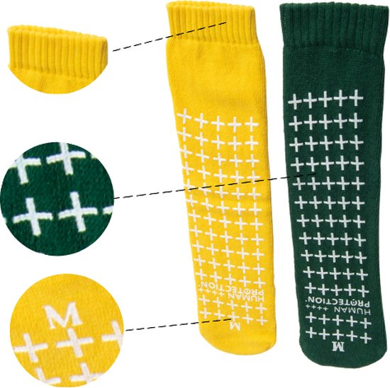 Human Protection Antislip Sokken - Valpreventie voor Ziekenhuis & Thuis - Disposable, Dubbele Grip - Groen/Geel - Maten S/M/L - Latexvrij, 80% Katoen 20% Polyester - Per Paar - Human Protection