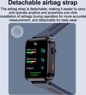 Zwarte smartwatch met blauwe band, scherm toont bloeddruk: SBP 116, DBP 74, HR 68. Meting succesvol.