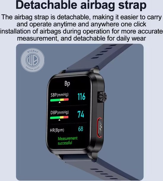Zwarte smartwatch met blauwe band, scherm toont bloeddruk: SBP 116, DBP 74, HR 68. Meting succesvol.