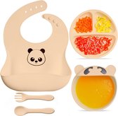 Babyservies - 100% siliconen - BPA-vrij - set van 5 kinderservies, kom + bord + slabbetje + vork + lepel - zeer stabiel (roze)...