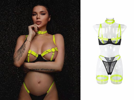 Lingerie 5-delige set - Neon geel + zwart - M - Sexy - Bustier - Bh- Slip - bondage- Transparant - Open - Valentijn - erotisch - nachtkleding - lingerieset - string - verleidelijk - spannend - harnas stijl - ondergoed - SM stijl