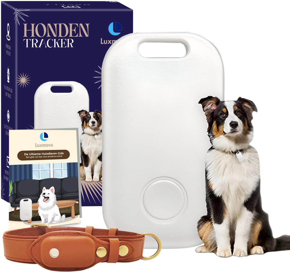 Luxmovo GPS Tracker met App - Groot - Bruin - GPS tracker pets - Honden en katten gps tracker - Inc Leren Halsband Dieren - GPS halsband - Tracker Hond - Zonder abonnement