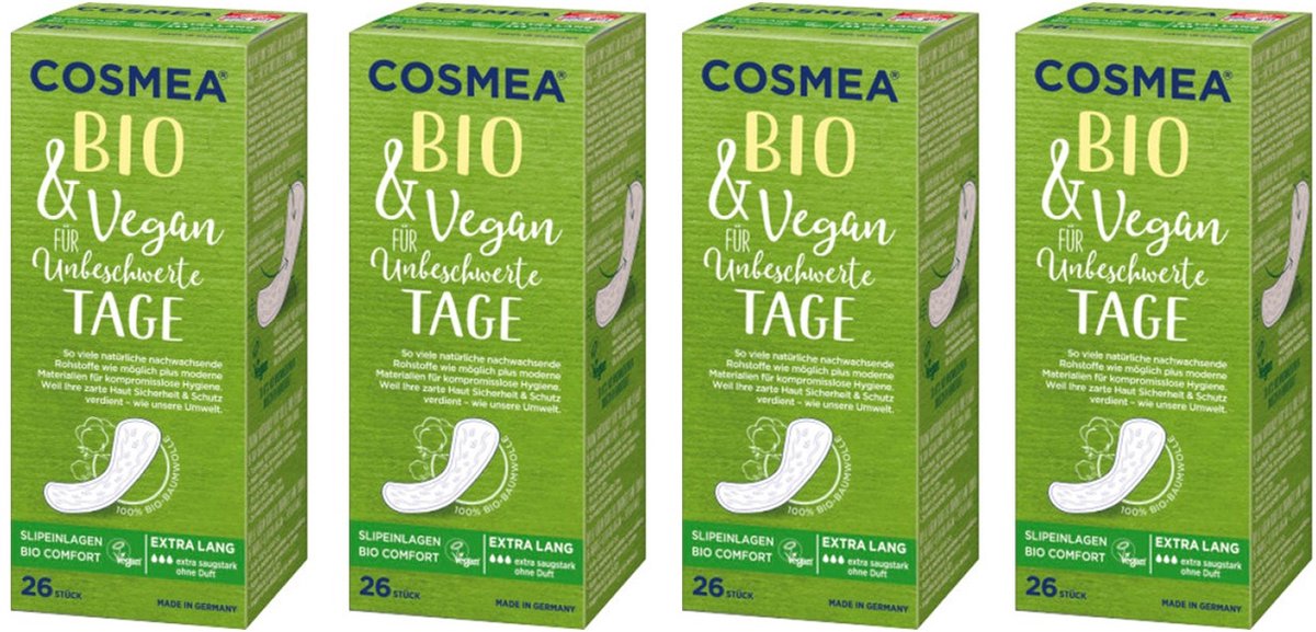 Goedkoopste Cosmea® | 4 x 26 inlegkruisjes | EXTRA LANG | 104 stuks | absorberend | biologisch katoen en vegan | zonder parfum | multipack