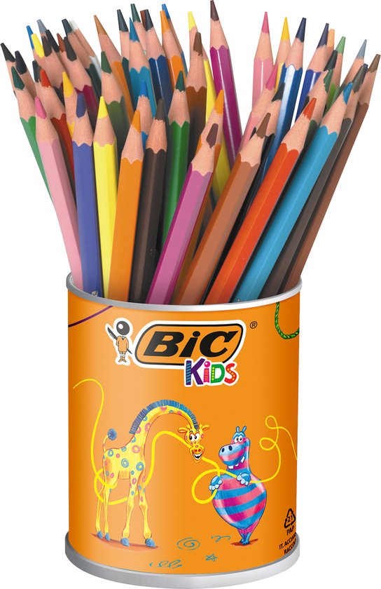 Blik met veel BIC Kids potloden in diverse kleuren.