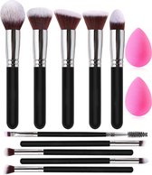 Premium Synthetische Make-Up Kwastenset - Kabuki Stijl Voor Foundation, Gezichtspoeder, Blush, Oogschaduw - Inclusief Blender Spons (12-Delig, Zwart/Zilver)