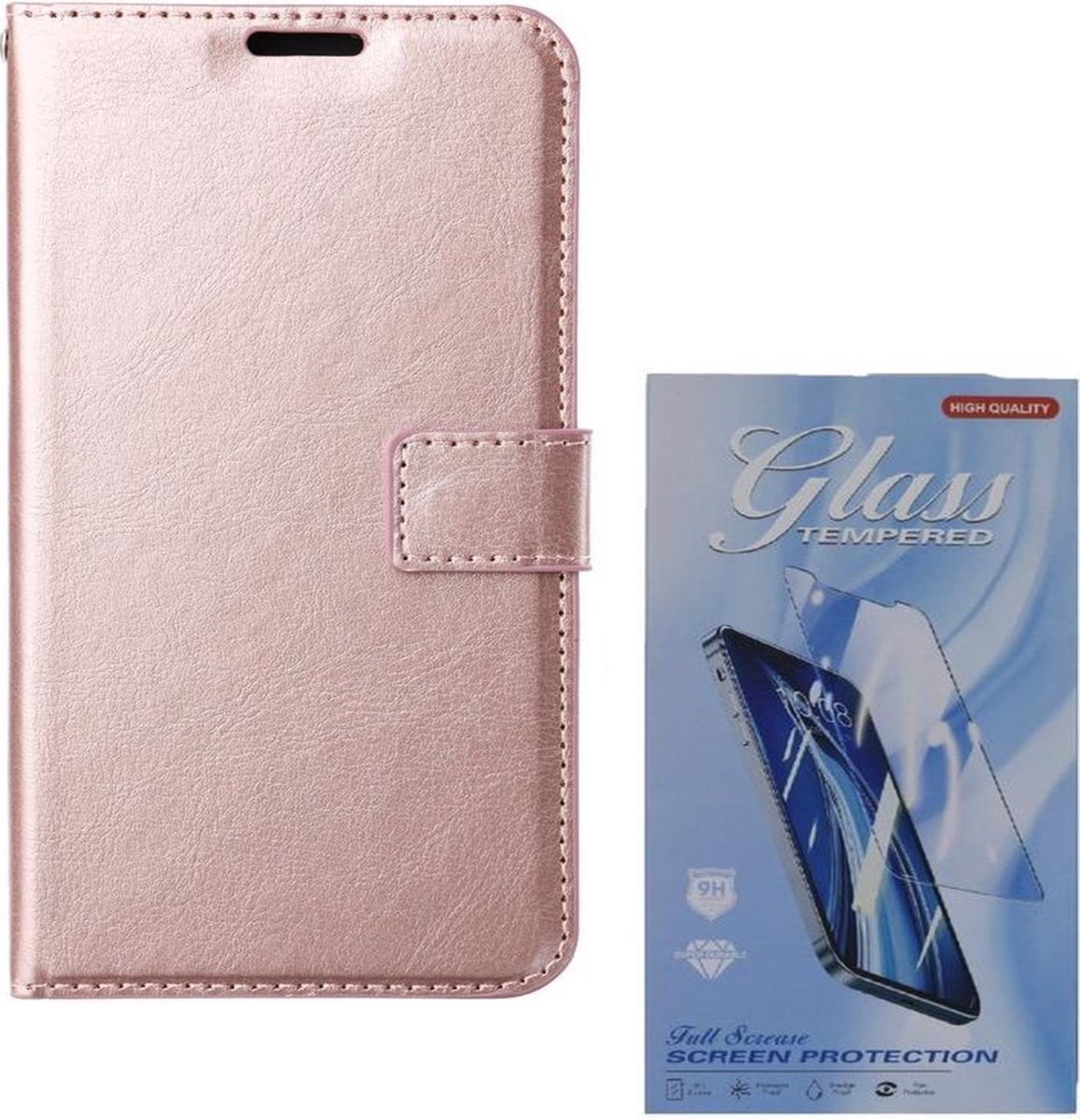 Bookcase Geschikt voor: Samsung Galaxy A13 4G Rosé Goud - portemonnee hoesje met 3 stuk Glas Screen protector - ZT Accessoires