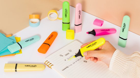 Surligneurs plats BIC Marking - Différentes couleurs et nuances pastel - Pack de 8 pièces - avec pointe biseautée modulaire 1,2 mm-4,6 mm