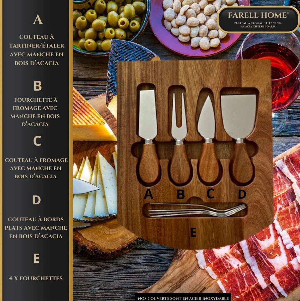 FARELL HOME® - Acacia kaasplank en charcuterie plank - 19 in 1 aperitief kaasplateau, bestek, leisteen en keramische ramekin - Geschenkverpakking maat XL - Cadeau idee