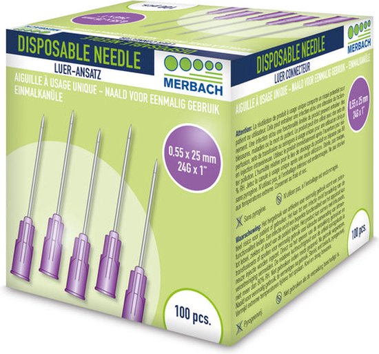 Merbach Injectienaalden 24 G x 1 - 25mm paars - 2 x 100 stuks voordeelverpakking