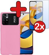 Hoesje Geschikt voor Xiaomi Poco M4 Pro 5G Hoesje Siliconen Case Hoes Met 2x Screenprotector - Hoes Geschikt voor Xiaomi Poco M4 Pro 5G Hoes Cover Case - Lichtroze